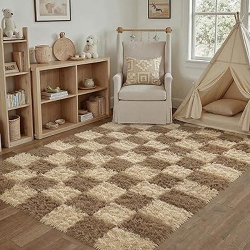 Checkered Rug 4x6 for Living Room, Brown Modern Shag Rug Super Soft Washable Fluffy Rugs Indoor Fuzzy Carpet for Bedroom Home Dorm Aesthetic Decor