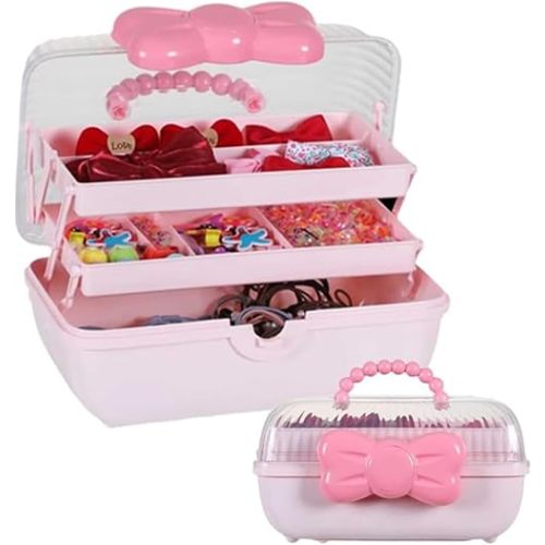 Hair Accessories Organizer for Girls Headbands, Clips, Ties Baby Girl Supplies, Lockable Three-layer Folding Craft Organizers and Storage Plastic Jewelry Box,10.8 * 5.9 * 5.7in (Pink)