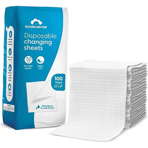 KinderSense® Disposable Changing Pads for Baby Diaper (100 Sheets) | Portable Changing Pad Liners (23" x 17.5") | Paper Top Layer - Waterproof Bottom Layer | Leak Proof Infant Changing Mat