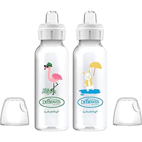 Dr. Brown's Milestones Narrow Sippy Bottle, 100% Silicone Soft Sippy Spout, 8oz/250mL, Flamingo & Bunny, 6m+