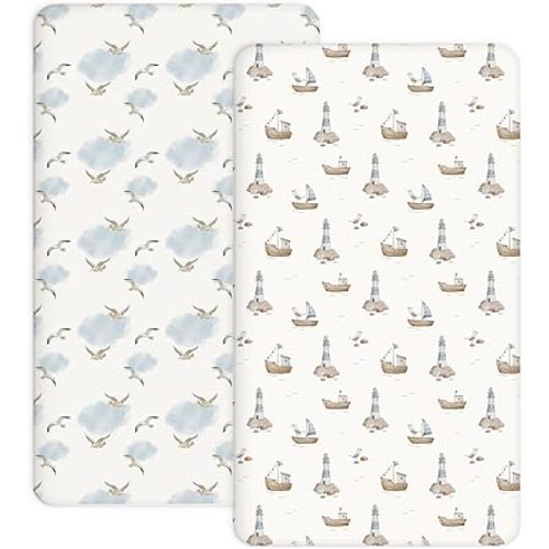 Crib Sheets for Boys Girls, 2 Pack Jersey Knit Fitted Crib Sheets for Standard Toddler Mattress 28"x 52", Soft and Breathable Baby Bedding (Sailing Waves)
