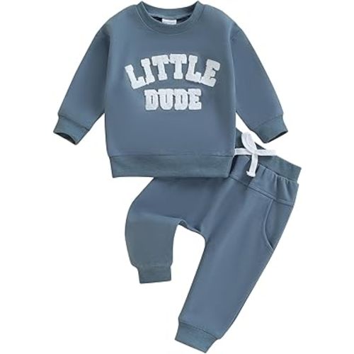 fhutpw Fall Baby Boy Clothes Toddler Embroidery Little Dude Print Long Sleeve Sweatshirt Tops Solid Pants Winter Outfits