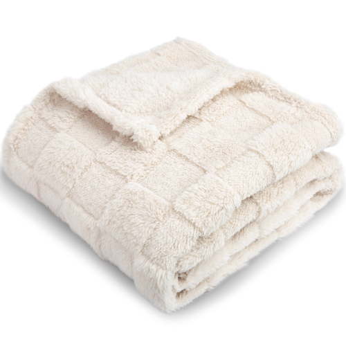 HOMRITAR 3D Gingham Fleece Baby Blanket for Girls Boys Chessboard Grid Warmer Comfort Reversible Shaggy Cozy Decor for Home Bed Blanket for Toddlers 30 x 40 Inches Cream C33