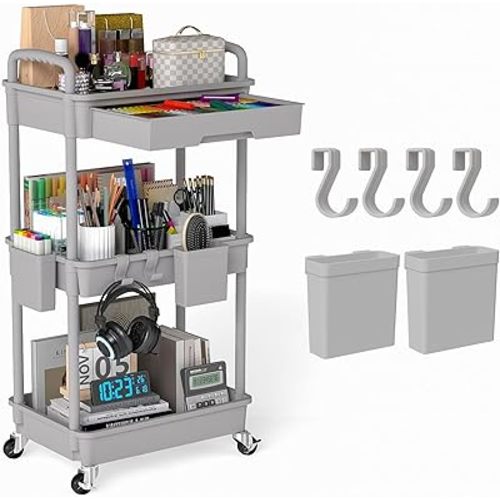 3 Tier Rolling Utility Cart with Drawer, Plastic Storage Organizer Rolling Carts with Wheels Handles Hanging Cups Hooks for Office, Bathroom, Kitchen,Craft Art Room (Grey)