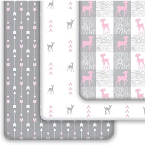 GROW WILD Pack n Play Sheets 3-Pack | Baby Mini Crib Sheets for Girls | Soft Pack and Play Mattress and Crib Bedding Set | Playard Jersey Cotton Fitted Crib Sheets | White Grey Pink Deer and Arrows