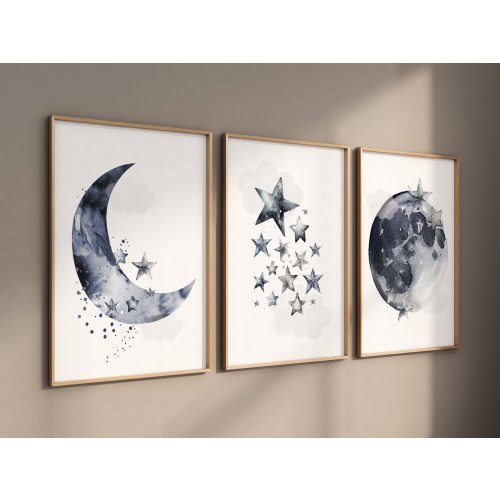 Navy nursery decor, cloud and stars, moon and stars, navy blue nursery art. baby room wall art, boy nursery decor, set of 3, nursery art