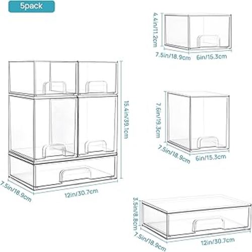 Amazon.com: Vtopmart Stackable Storage Drawers Set of 5, 12" Wide and 4.4''&7.6'' High Clear Plastic Organizer Bins for Beauty Supplies,Ideal for Vanity, Bathroom,Cabinet,Pantry Organization : Beauty & Personal Care