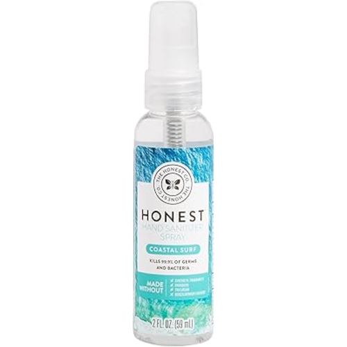 The Honest Company Plant-Based Hand Sanitizer Spray | Kills 99.9% of Germs | Hypoallergenic, Quick-drying + Moisturizing | Coastal Surf, 2 fl oz