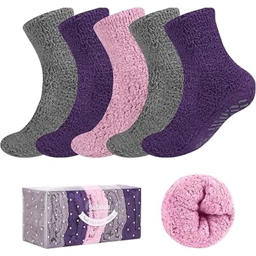 Bulinlulu Fuzzy Socks With Grips for Women 5-Pairs Non Slip Sleep Warm Fluffy Slipper Socks with Grippers for women
