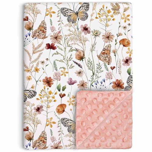 Wildflower Butterfly Baby Blanket for Girls, Soft Double Layer Minky with Dotted Backing, Flower Garden Theme Toddler Nursery, Newborn Infant Toddler Crib Bedding, Receiving Blankets, 30"x40"
