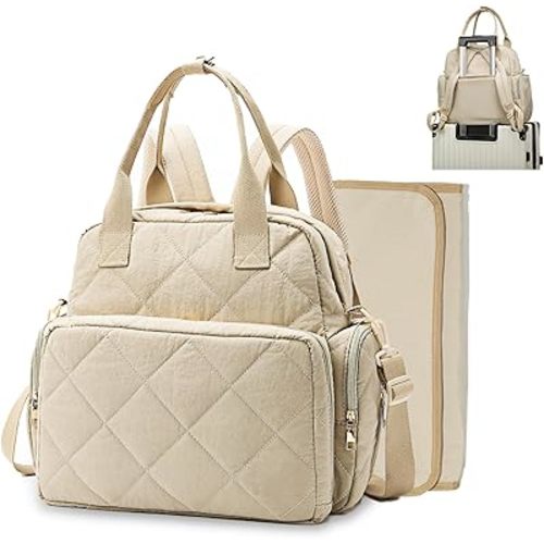 Large Diaper Bags with Changing Pad, 6 in 1 Travel Diapers Backpack, Baby Bag for Mom Quilted Mommy Daipering, Hospital Bag for Women Labor Delivery Maternity Tote (Light Khaki)