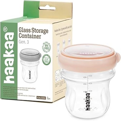haakaa Breastmilk Storage Bottle Glass Baby Food Storage Jars Food Storage Containers with Leakproof Lid, Dishwasher-Safe, Microwave and Freezer-Friendly, BPA-Free (Peach, 4.2oz/120ml, 1 pc)