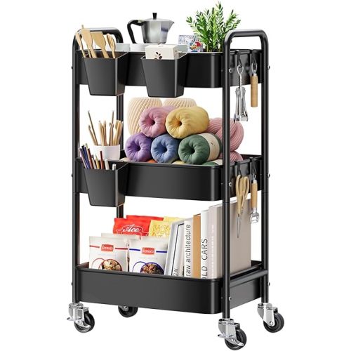 3 Tier Rolling Cart Metal with Wheels, Black Three Tiered Art Cart Organizer on Wheels, Storage Utility Trolley Carts for Baby Nursery, Diaper Caddy, Craft, Nail, Lash, Makeup, Salon,Cleaning Supplies
