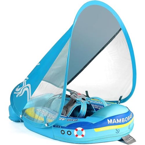 Mambobaby Float Add Tail No Flip Over Non-Inflatable Baby Swim Float Pearl Foam Solid Water Floats Smart Swim Trainer Infant Pool Float Swim Ring with Sun Canopy