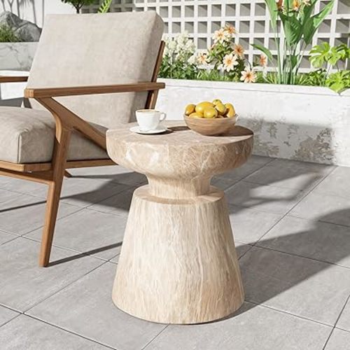 Christopher Knight Home Jayme 15"Lightweight Concrete End Table, Indoor Outdoor Accent Side Table, Travertine Round Tabletop, Easy Move, Decorative Garden Stool for Poolside Balcony Living Room, Gold