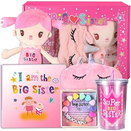 Big Sister Gifts for Girls, New Sibling Gifts for Little Girls, Includes Big Sister Book, Barbie Doll, Bracelet, Drinking Cup, Eye Mask, Straw