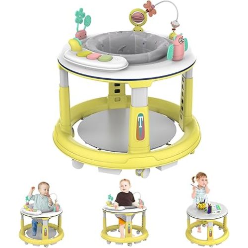 Baby Walker with Wheels, Infant Walking Assistant with Music, and Lights, 5 Adjustable Heights for Baby Walking Support, Detachable Toys, Bounce Foot Pad, for Boys and Girls 6-12 Months