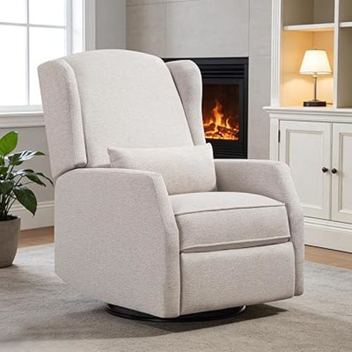 Nursery Swivel Glider Recliner Chair with Segmented Footrest, Modern 360° Rocking Manual Motion Sofa with Lumbar Pillow, Detachable Wings & Armrest for Living Room, Bedroom (LightBeige)