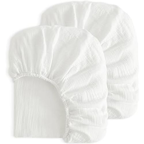 NTBAY 2 Pack Muslin Cotton Mini Crib Sheets, Soft and Breathable Double Layer 24x38 Baby Crib Sheets for Mini Crib and Toddler Mattresses, Boys, Girls, Unisex, White, 24x38 Inches
