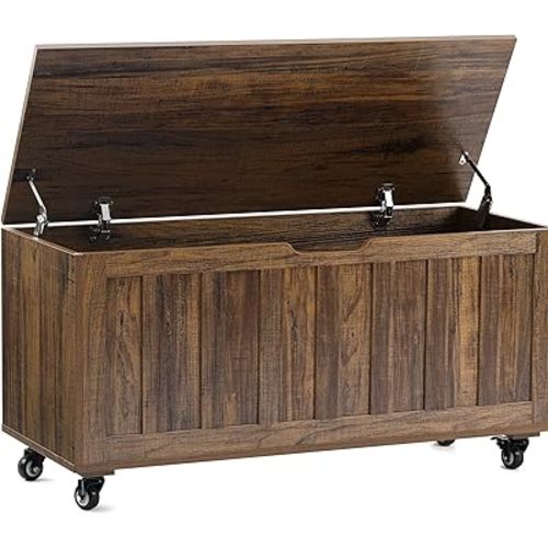 HYZ Storage Chest, 39.4'' Wooden Storage Bench with 4 Wheels & 2 Safety Hinges, Retro Toy Box Support 300 lbs for Bedroom, Living Room, Easy Assembly, Vintage Brown