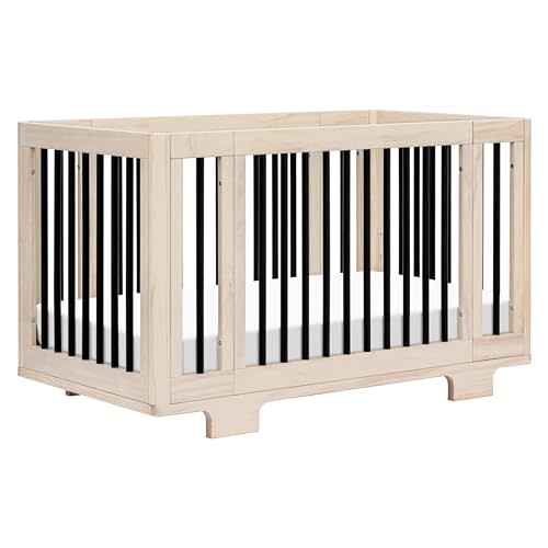 Babyletto Yuzu Convertible All-Stages Bassinet, Midi, Full-Size Crib in Washed Natural with Black, Greenguard Gold Certified, Portable & Adjustable with Conversion Kits and Pads Included