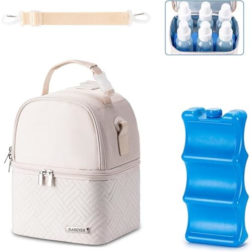 Breastmilk Cooler Bag with Ice Pack Fits 6 Baby Bottles up to 9 Ounce, Breast Milk Pump Cooler Bag with Shoulder Strap for Nursing Mom Daycare, Work, Travel- Cream