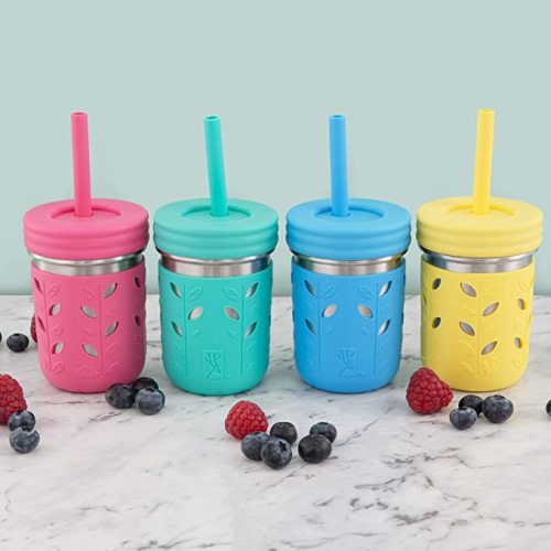 Elk and Friends Stainless Steel Cups | Mason Jar 10oz | Kids & Toddler Cups with Silicone Sleeves & Silicone Straws with Stopper | Sippy Cups, Spill Proof Cups for Kids, Smoothie Cups - Pink/Teal/Yellow/Blue (4 Pack)