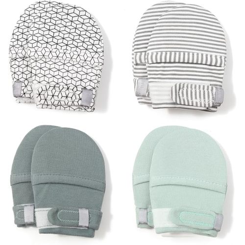HAPIU Baby No Scratch Mittens Stay On, 100% Cotton Breathable, Adjustable Infant Gloves for Boys Girls, Newborn - 12 M - Full Geometry&full Grey Stripe&full Emerald&full Sage - 0-3 Months