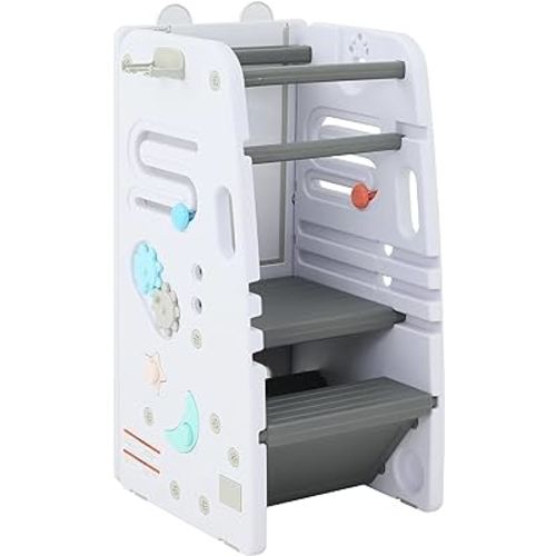 SDADI Multifunctional Toddler Kitchen Stool Helper with Double Safety Rails- Adjustable & Non-Slip Toddler Tower for Kitchen and Bathroom Use, Montessori Step Stool for Kids, White and Dark Gray