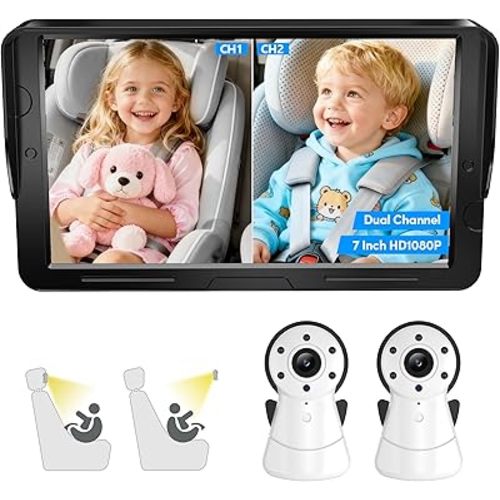 2-Kids Baby Car Camera Dual Monitor – 7 Inch Display with Two Rear Facing Car Seat Cameras, 1080P HD Night Vision IR-CUT, USB Powered Plug and Play Backseat Baby Monitor for Infant & Toddler Safety