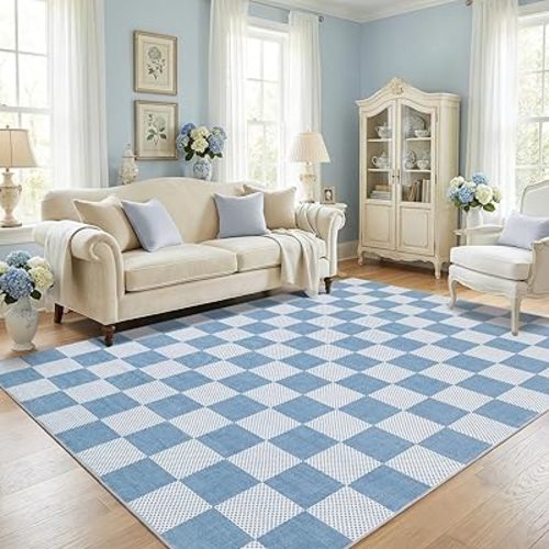 Checkered Light Blue and White 5x7 Washable Rug Geometric Diamond Dot Modern Coastal Soft Low-Pile Rug for Bedroom Nursery Living Room Entryway Non-Slip TPE Backing