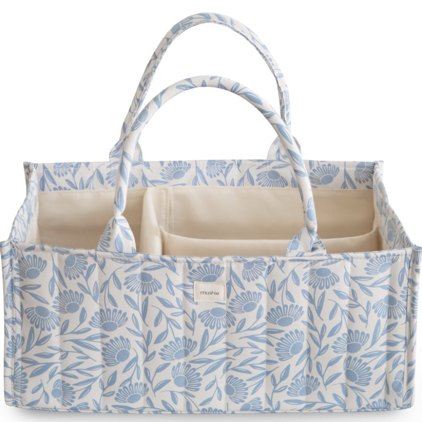 mushie Baby Diaper Caddy | Newborn Essentials Organizer (Blue Flowers)