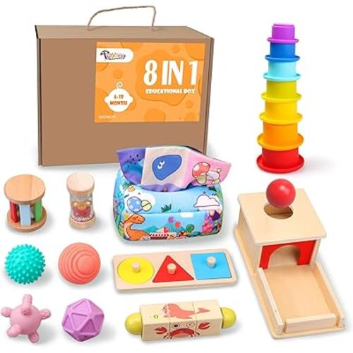 Montessori Toys for Babies 6-12 Months,1 Year Old,8 in 1 Baby Sensory Toy for 12-18 Months Toddler,Wooden Educational Development Toys with Soft Stacking Cup&Sensory Ball&Tissue Box