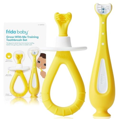 Frida Baby Grow-with-Me Baby Toothbrush Training Set | Infant to Toddler Toothbrush 0-12 months, Cleans All Sides at Once, Oral Care for Sensitive Gums | Yellow - 2 Count (Pack of 1) - Grow-with-Me Training Toothbrush Set (6M+)