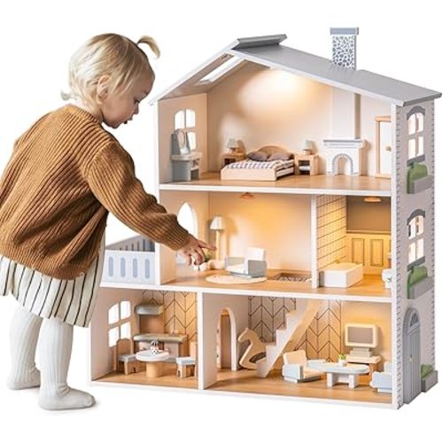 ROBOTIME Wooden Dollhouse, Wooden Doll House with 29 Pieces of Furniture, 6 Rooms Fits 4-6 Inch Dolls, Gift for Kids Ages 3+