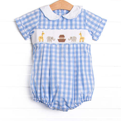 Noah's Ark Smocked Collared Bubble, Blue – Stitchy Fish