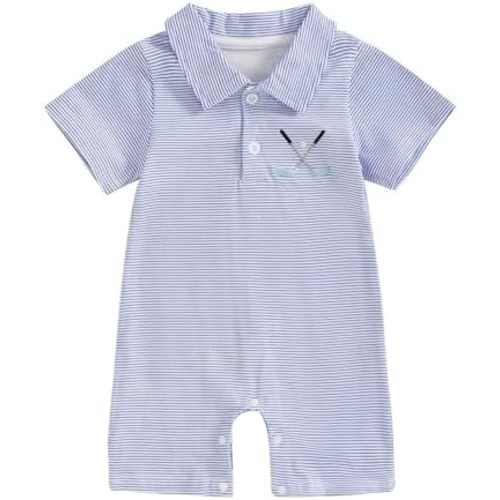 Baby Boy Golf Outfit Short Sleeve Golf Club Embroidery Polo Romper Lapel Button Striped Bodysuit Jumpsuit Clothes