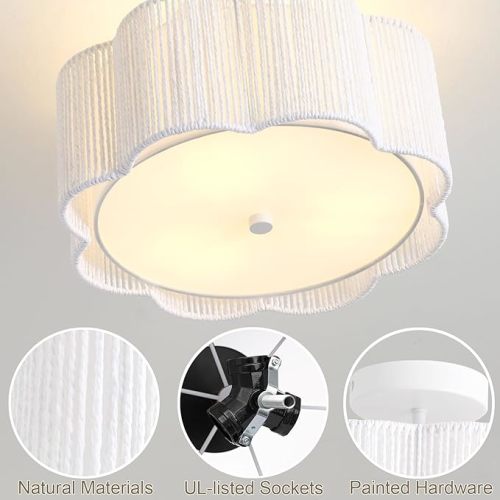 Rattan Ceiling Light Fixtures Flush Mount,3-Light Boho Light Fixtures Ceiling Mount for Bedroom,Close to Ceiling Light Modern Rattan Chandelier Lighting for Hallway Kitchen Dining Room(White)