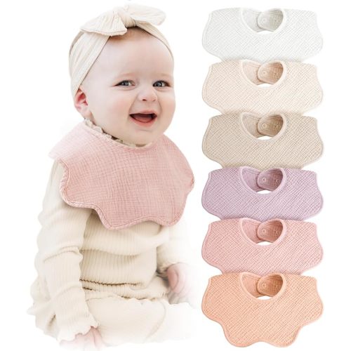 Konssy Muslin Baby Bibs 100% Cotton Absorbent Bandana Drool Bibs for Teething and Drooling, 6-Pack for Baby Boys & Girls