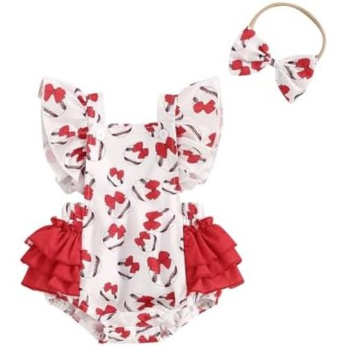 Thorn Tree Newborn Infant Baby Girls Clothes Ruffle Short Sleeve Bodysuit Baseball Romper Bow Headband Outfits
