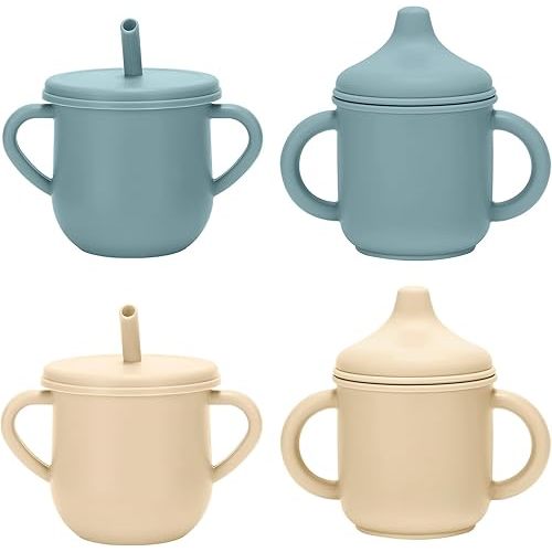 Silicone Toddler Cups Set, 2 Straw Cups and 2 Sippy Cups for 6+ Months Baby, Leakproof Spillproof Training Cups with Handles, Easy Clean (Blue+Beige)