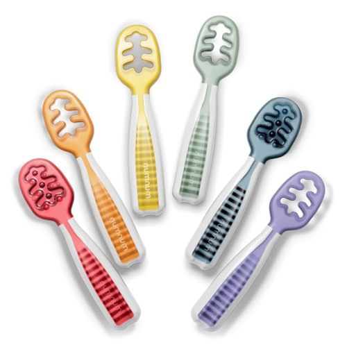 NumNum Pre-Spoon GOOtensils | Baby Spoon Set (Stage 1 + Stage 2) | BPA Free Silicone Self Feeding Toddler Utensils | For Kids Ages 6 Months+, 1-Pack, 6 Spoons, Rainbow