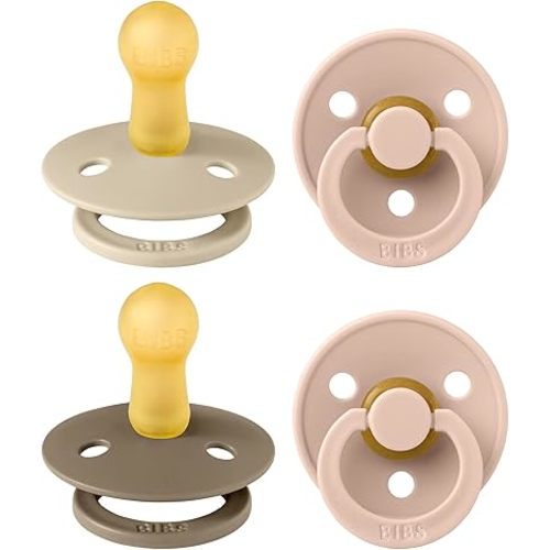 BIBS Color Soother, BPA Free Dummy Pacifier, Round Nipple. Natural Rubber Latex, Made in Denmark. 6-18 Months (Pack of 2) total 4 counts, Baby Blush Colors