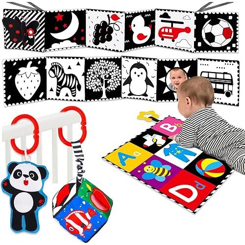 4 PCS Black and White High Contrast Baby Toys 0-3-6 Months Newborn Essential Montessori Toys for Babies Crinkle Sensory Book for Brain Development Tummy Time Mirror Infant Carseat Rattle 9 Month Gift