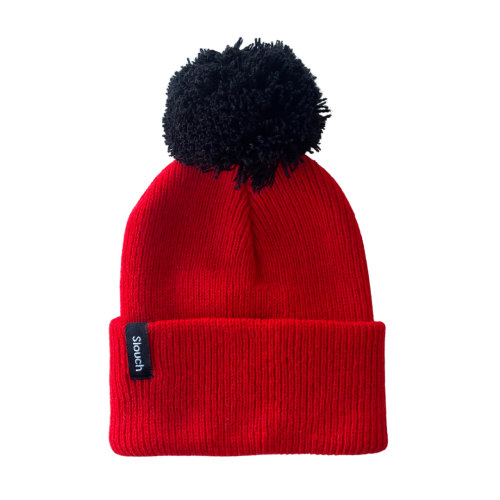 Red Knit Cuff Beanie w/ Black Pom