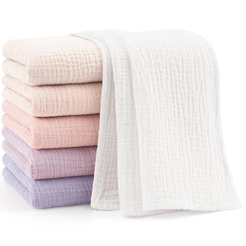 Bearmoss 6 Pack Large Muslin Burp Cloths, 100% Cotton Soft Baby Burping Cloths for Boy, Girl, 23.6" X 23.6" Absorbent Milk Spit Up Rags, Newborn Essentials (Pink Purple)