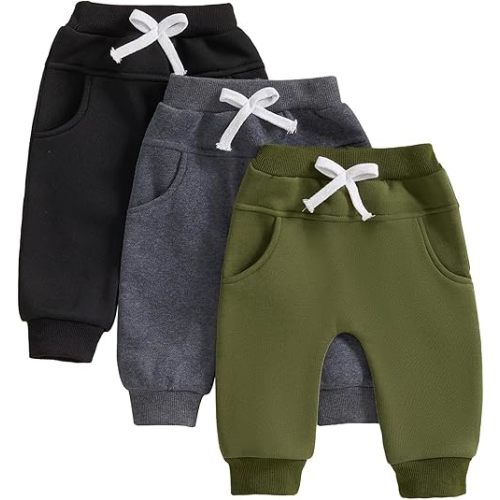 Toddler Baby Boys Girls Sweatpants 3 Pack Solid Color Elastic Waist Bottom Pants Newborn Infant Trousers