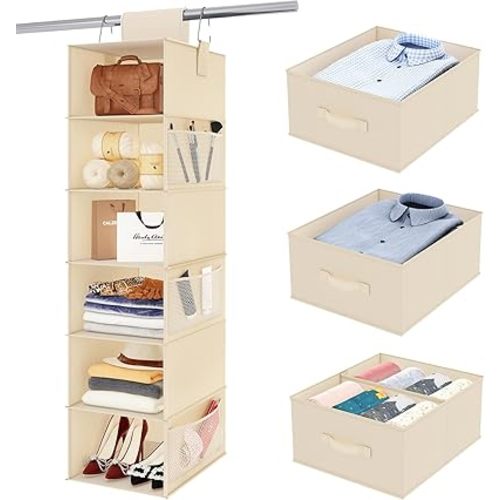 Fixwal Hanging Closet Organizer 6-Shelf Hanging Shelves for Closet with 3 Removable Drawers & Side Pockets Hanging Shelf Organizer for Bedroom or Garment Rack Beige