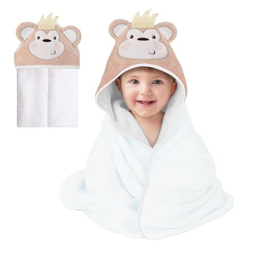 Mother's Choice Baby Towel with Hood - 100% Cotton Ultra Soft and Absorbent (33x33in) Large Baby Bath Towel for Newborn and Infant, Toddler Bath Towel for Boys and Girls (Monkey)