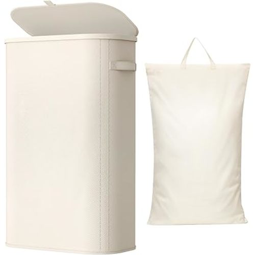 Lifewit Slim Laundry Basket with Lid, Narrow Large Laundry Hamper with Plastic Handles and Removable Bag, Tall Foldable Dirty Clothes Hampers for Laundry Room, Bedroom, Bathroom, Dorm, 65L White
